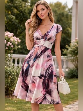 DKNY Abstract Brushstroke V-Neck Fit & Flare Midi Dress | Pink Multi | Size 6